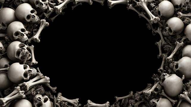 Skulls and bones frame a spooky halloween border with a dark center space