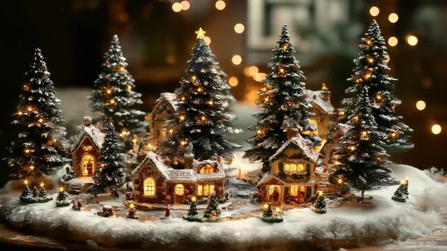 Cozy christmas village display with warm lights