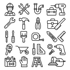 Fototapeta premium Outline icons of various tools and worker