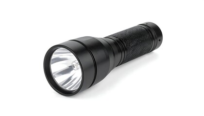 Sleek black flashlight, angled, reflecting light
