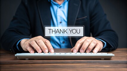 Typing "Thank You" Message on Keyboard: Expressing Gratitude in a Business Setting with Professional Attire and Clear Communication.