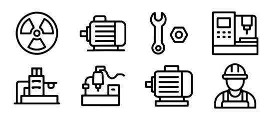 Industrial machinery and worker line icons