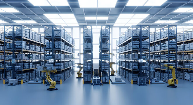 Automated Warehouse with Robotic Arms and High-Bay Storage Racks for Smart Logistics and Distribution