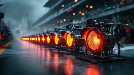 Racing start lights glowing in line on wet track surface before motorsport competition creating intense dramatic atmosphere with rain and reflections at night - Powered by Adobe