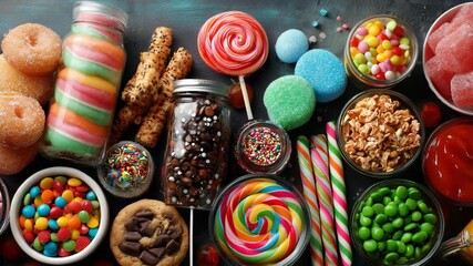 Colorful mix of candy chocolate donuts cookies and sugary treats from different snack categories a celebration of sweets and unhealthy food in a vibrant and playful dessert arrangement - Powered by Adobe
