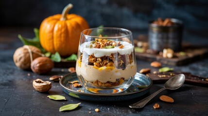 A glass of parfait with creamy pumpkin mousse, sprinkled with granola with nuts and seeds. The drink sits on a black stone countertop surrounded by nuts and pumpkins.