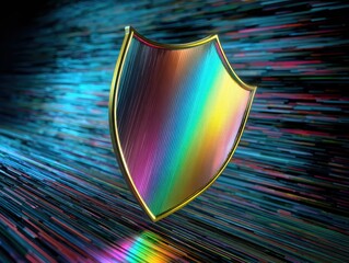 "Transparent Glowing Shield Icon with Data Flow in Cyberspace"