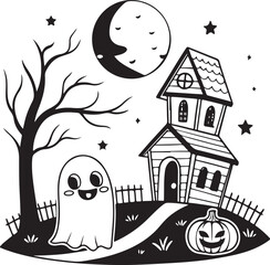 Cute Halloween Ghost with Haunted House, Pumpkin and Bats – Cartoon Style Spooky Night Illustration