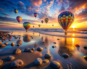 Obraz premium Photogenic Hot Air Balloon Sunset Portrait: Isolated, Trendy, Vibrant Colors, Ocean Beach, Smooth Water Reflections, Colorful Balloons.