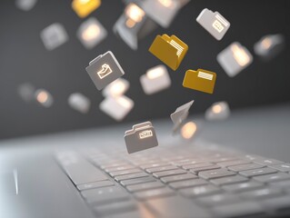 Data Files Falling Laptop Keyboard Tech