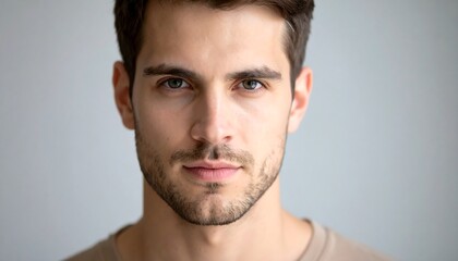 Obraz premium Close-up portrait of a young man with dark hair and a serious expression