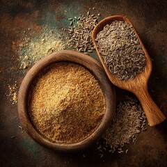 Spice powders and granules contained in wooden bowls and wooden spoons, suitable for product packaging, advertising posters of spices and condiments, as illustrations in food magazines, etc.