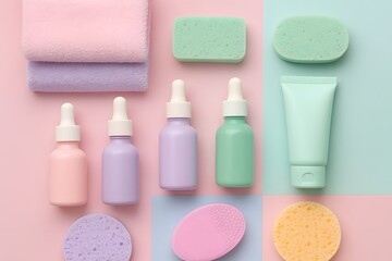 Pastel skincare products and beauty tools arranged on a split pink and blue background serum bottles