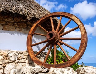 Obraz premium Vintage wooden wagon wheel against rustic building and bright blue sky