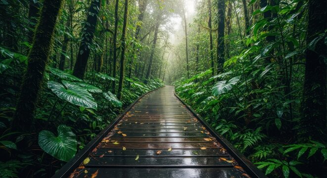 Lush rainforest boardwalk path