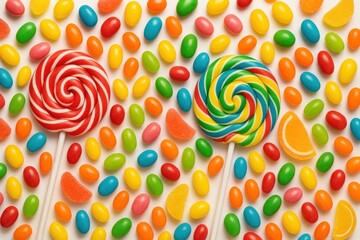 Colorful Candy Display with Lollipops and Jellybeans Kids Party Treats Playful Confectionery Layout Sweet Celebration