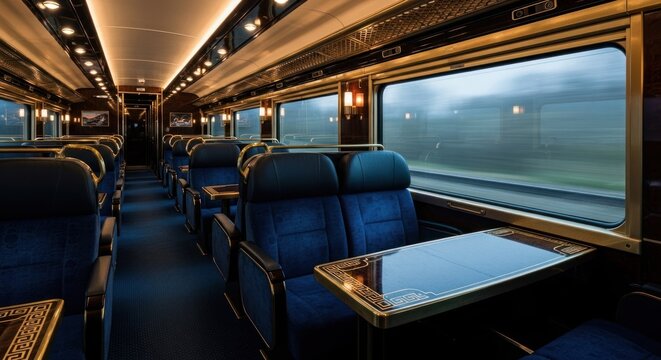Luxurious train car interior with dark blue seating, tables, and elegant decor