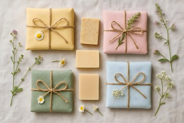 Fototapeta premium Pastel wrapped gifts and organic soaps with daisies and greenery gift wrapping pastel colors