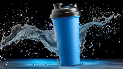 Blue shaker bottle surrounded by splashes of water, showcasing dynamic movement and freshness, ideal for fitness enthusiasts and healthy lifestyle branding, emphasizing hydration and energy