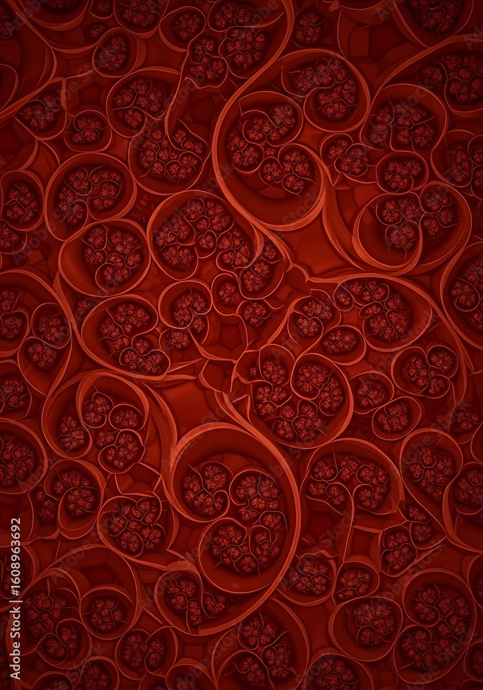 Poster intricate red floral patterns, a captivating visual texture with depth and shadows
