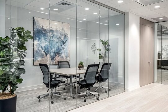 A modern glass office meeting room with abstract wall art and Scandinavian-style furniture, featuring clean lines and lush greenery. - Powered by Adobe