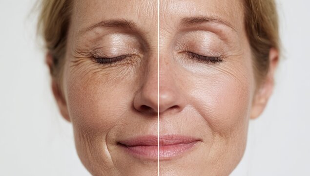 Close-up of a woman's face showing a before and after comparison of skin with and without wrinkles, highlighting the effects of aging and skincare.