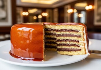 Delicious layered dobos torte with chocolate buttercream and a shiny caramel glaze