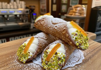 Traditional italian cannoli dessert with pistachio and cream filling in a pastry cafe