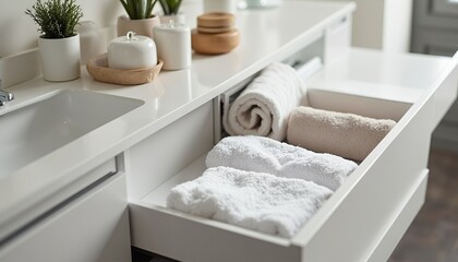 Organized towels in modern bathroom drawer