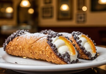 Sweet italian cannoli pastry with chocolate chips and powdered sugar in a warm restaurant