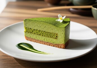 Matcha green tea mousse cake with a delicate flower garnish on a white plate in sunlight