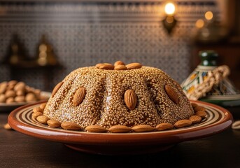 Traditional moroccan sellou dessert with sesame seeds and almonds on a plate for ramadan