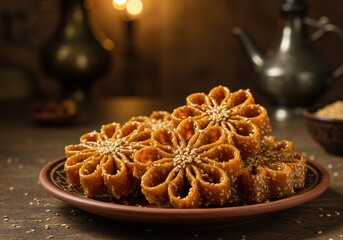 Traditional moroccan chebakia honey cookies with sesame seeds for a ramadan celebration