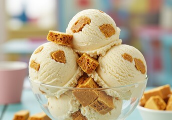 Hokey pokey ice cream scoops in a glass bowl for a sweet summer dessert with colorful background