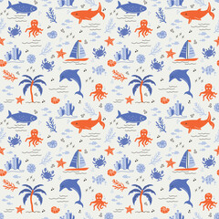 Seamless summer pattern with fish, sea waves, seashell, seaweed, crab, leaves, star Background bright, naive in minimalist style. for print, paper, business idea, banner, social media. art vector