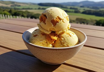 Delicious hokey pokey ice cream with honeycomb toffee in a bowl outdoors on a sunny day