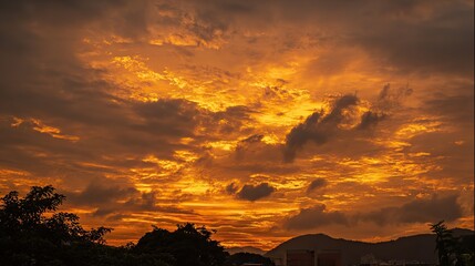 A golden sunset sky with orange and yellow clouds in high definition, vibrant gold hues adding depth, reflecting warmth and tranquility on the ground for an atmospheric natural backdrop.