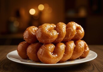Delicious traditional south african koeksisters dessert stacked on a plate in a cozy kitchen