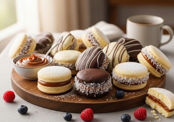 Delicious assortment of homemade alfajores with dulce de leche chocolate and coconut on a board