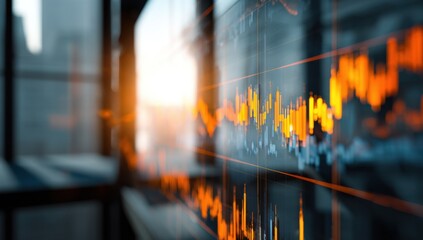 Abstract financial graph displayed on a screen reflects in a glass , suggesting market analysis and investment opportunities.