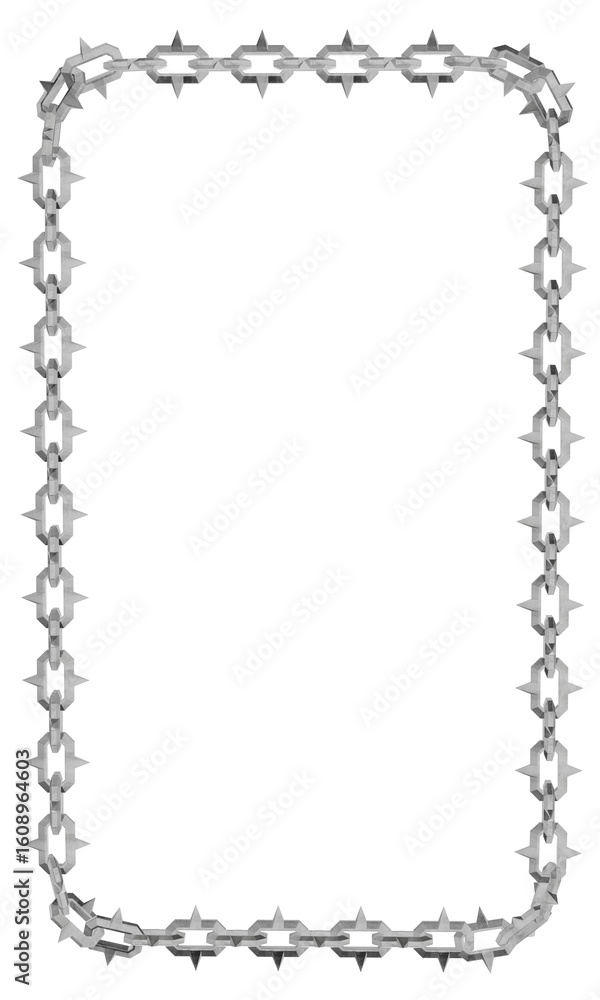 Poster a striking 3d render of a rectangular frame with rounded corners, crafted from aggressive metal chai