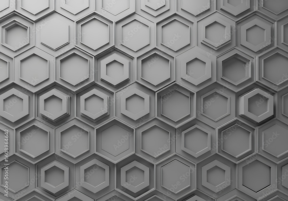 Poster monochrome hexagonal arrangement: abstract gray geometric pattern presentation