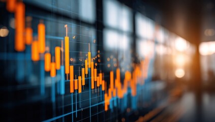 Financial market analysis is displayed with vibrant candlestick charts, suggesting investment opportunities and economic trends in a modern setting.