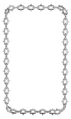 A striking 3D render of a rectangular frame with rounded corners, crafted from aggressive metal chains with sharp, geometric links. Ideal for edgy digital borders or security themes.