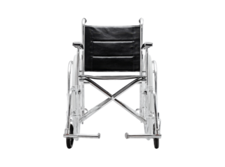 Chrome wheelchair black seat medical disability mobility aid. Isolated On Transparent Background
