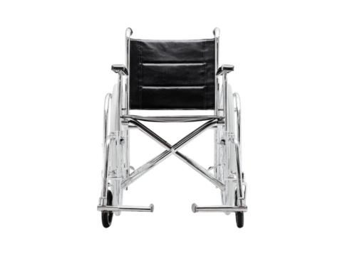 Chrome wheelchair black seat medical disability mobility aid. Isolated On Transparent Background
