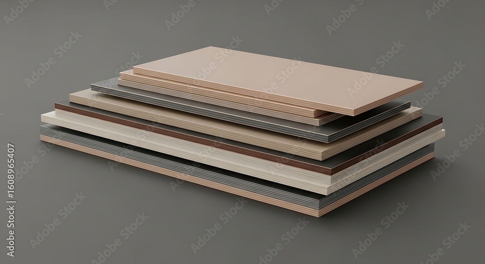 Poster stack of multi-layered laminated sheets, representing construction materials and design options