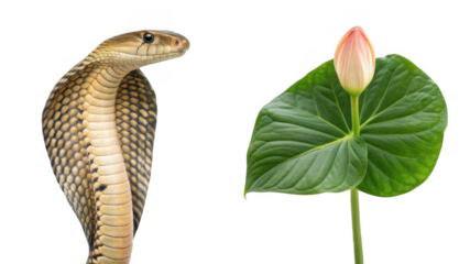 King Cobra animal and Elephant Ear Flower flower isolated on transparent background