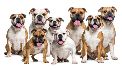 Eight bulldogs of varying sizes and colors sit against a white background