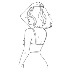 Fototapeta premium Minimalist black line art drawing of a woman with short wavy hair touching her head female portrait